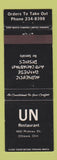 Matchbook Cover - UN Restaurant Chinese Ottawa ON
