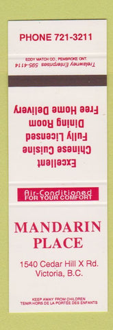 Matchbook Cover - Mandarin Place Chinese Restaurant Victoria BC