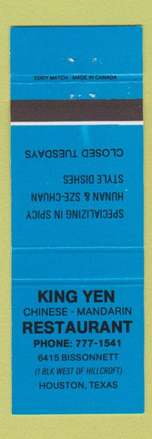 Matchbook Cover - King Yen Chinese Restaurant Houston TX