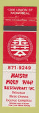 Matchbook Cover - Maison Moon Wah Restaurant Montreal QC