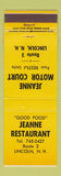 Matchbook Cover - Jeanne Motor Court Motel Lincoln NH restaurant