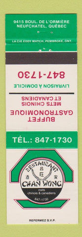 Matchbook Cover - Restaurant Chan Wong Chinese Neufchatel QC