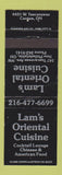 Matchbook Cover - Lam's Chinese Restaurant Canton OH New Philadelphia
