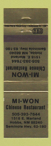 Matchbook Cover - Mi Won Chinese Restaurant Hobbs NM