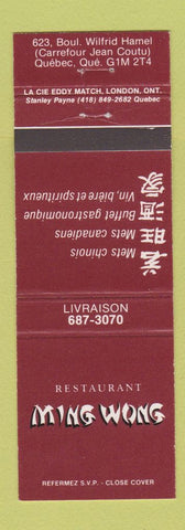 Matchbook Cover - Restaurant Ming Wong Chinese Quebec QC