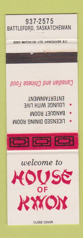 Matchbook Cover - House of Kwon Chinese Restaurant Battleford SK