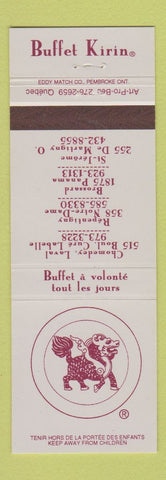 Matchbook Cover - Buffet Kirin Restaurant Laval Repentigny Brossard St Jerome QC