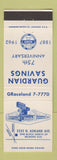 Matchbook Cover - Guardian Savings 1962 Chicago IL