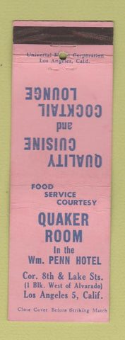 Matchbook Cover - Quaker Room Wm Penn Hotel Los Angeles CA WEAR