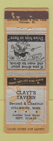 Matchbook Cover - Clayt's Tavern Stillwater MN ADVANCE WEAR