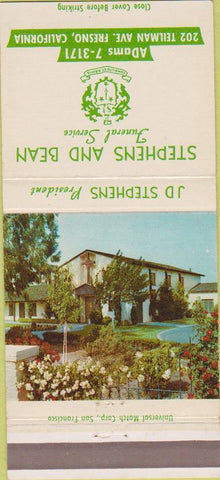 Matchbook Cover - Stephens and Bean Funeral Home Fresno CA 30 Strike