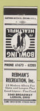 Matchbook Cover - Rebman's Recreation bowling Lorain OH