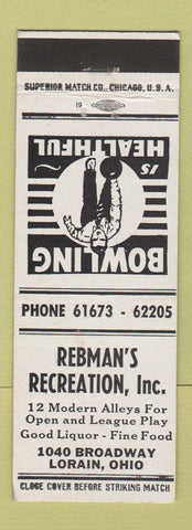 Matchbook Cover - Rebman's Recreation bowling Lorain OH