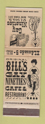 Matchbook Cover - Bill's Gay Nineties Cafe Restaurant New York City girlie