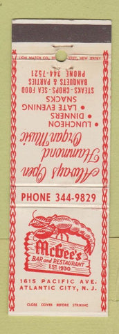 Matchbook Cover - McGee's Bar Restaurant Atlantic City NJ