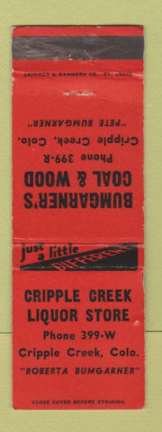 Matchbook Cover - Cripple Creek Liquor Store Colorado Bumgarner Coal Wood WEAR