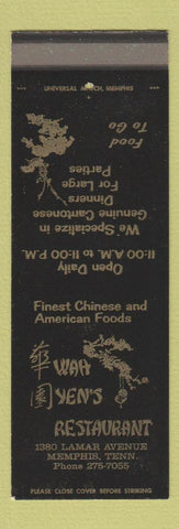 Matchbook Cover - Wah Yen's Restaurant Chinese Memphis TN