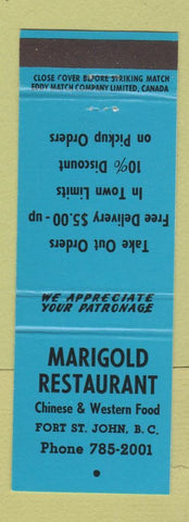 Matchbook Cover - Marigold Restaurant Chinese Fort St John BC BLUE