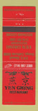 Matchbook Cover - Yen Ching Chinese Restaurant Orange CA