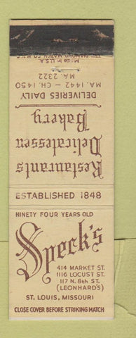 Matchbook Cover - Speck's Restaurant St Louis MO WEAR