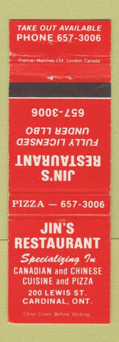 Matchbook Cover - Jin's Restaurant Chinese Cardinal ON