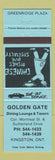 Matchbook Cover - Golden Gate Chinese Restaurant Kingston ON