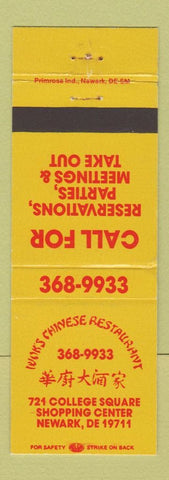 Matchbook Cover - Wok's Chinese Restaurant Newark DE