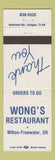 Matchbook Cover - Wong's Chinese Restaurant Milton Freewater OR