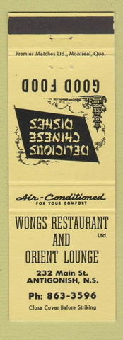 Matchbook Cover - Wongs Restaurant Orient Lounge Chinese Antigonish NS