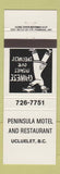 Matchbook Cover - Peninsula Motel Restaurant Ucluelet BC Chinese WEAR