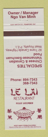 Matchbook Cover - Le Lai Chinese Restaurant West Royalty PEI PE