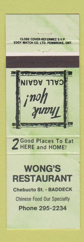 Matchbook Cover - Wong's Chinese Restaurant Baddeck NS GREEN