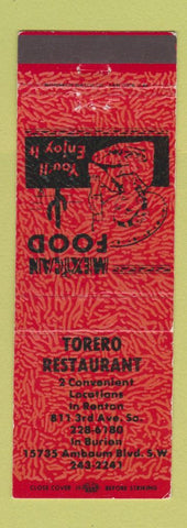 Matchbook Cover - Torero Restaurant Mexican Burien Renton WA