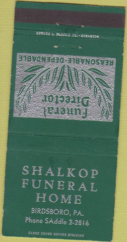 Matchbook Cover - Shalkop Funeral Home Birdsboro PA 30 Strike