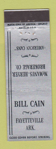 Matchbook Cover - Bill Cain McManus Heryer Brokerage Cans Fayetteville AR