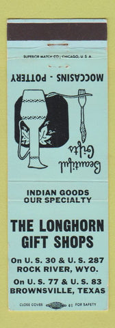 Matchbook Cover - Longhorn Gift Shops Brownsville TX Indian Crafts WEAR