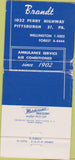 Matchbook Cover - Brandt Funeral Home Pittsburgh PA WEAR 30 Strike