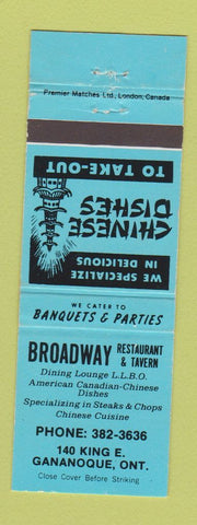 Matchbook Cover - Broadway Restaurant Tavern Gananoque ON Chinese WEAR