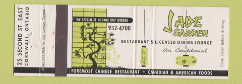 Matchbook Cover - Jade Garden Restaurant Chinese Cornwall ON WEAR