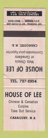 Matchbook Cover - House of Lee Chinese Restaurant Caraquet NB WEAR