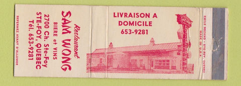 Matchbook Cover - Sam Wong Restaurant Chinese Ste Foy QC WEAR