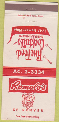 Matchbook Cover - Romolo's Denver CO 30 Strike