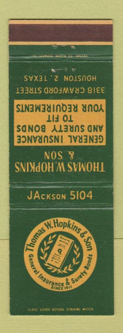 Matchbook Cover - Thomas Hopkins Insurance Houston TX