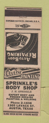 Matchbook Cover - Sprinke's Body Shop auto Austin TX