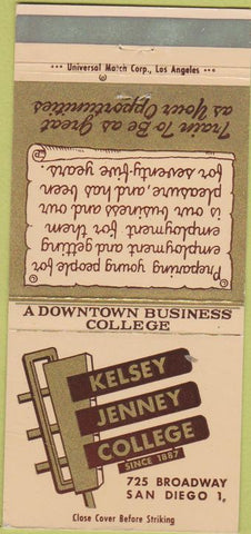 Matchbook Cover - Kelsey Jenney College San Diego CA 30 Strike