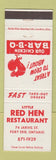 Matchbook Cover - Red Hen Restaurant BBQ Fort Erie ON