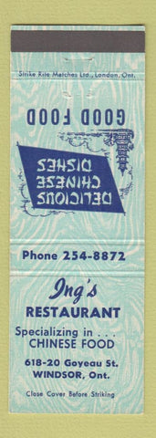 Matchbook Cover - Ing's Restaurant Windsor ON Chinese