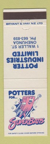 Matchbook Cover - Potters Industries Super Batts Onehunga New Zealand