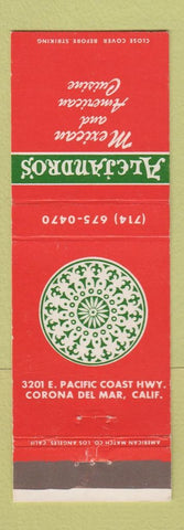 Matchbook Cover - Alejandro's Mexican Restaurant Corona Del Mar CA