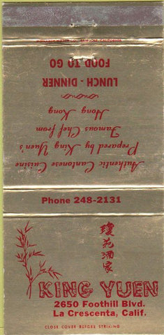 Matchbook Cover - King Yuen Chinese Restaurant La Crescenta CA 30 Strike